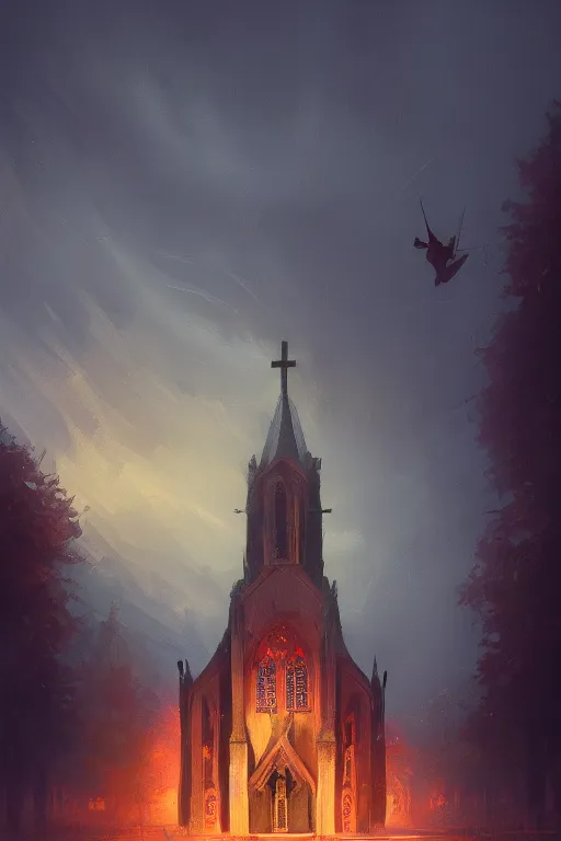 Prompt: a beautiful hyperrealistic painting of a church on fire by Alena Aenami, Anton Semenov, Alejandro Burdisio, trending on artstation, gigantic, octane render, brilliantly coloured, intricate, ultra wide angle, trending on artstation, dusk, volumetric lighting, polished, micro details, ray tracing, 8k