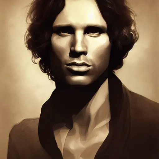 Image similar to portrait of Jim Morrison, stunning portrait, in the style of Charlie Bowater, Monia Merlo, trending on artstation, digital portrait, 8k resolution, detailed, symmetrical face, volumetric lighting, levels, Movie Lighting, Sci-Fi, Traditional Elements, Aesthetic, Fantasy, Realistic, megascans