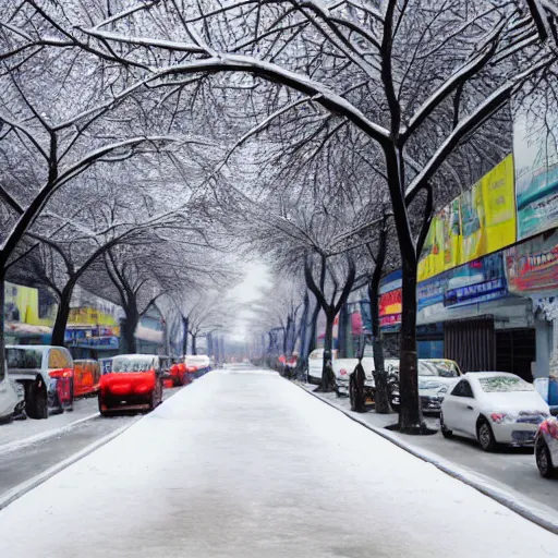 Prompt: modern streets of Hochiminh city covered in snow