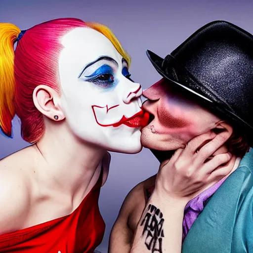 Image similar to Harley Quinn kissing the joker, realistic, highly detailed
