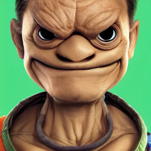 Prompt: jack ma tiny face enlarge cranium in the body form of crang from teenage mutant ninja turtles photo portrait