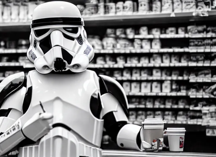 Image similar to film still of a storm trooper holding a cup of coffee in a convenience store working as a clerk in a convenience store checking out a storm trooper in the new Star Wars movie, 4k, black and white