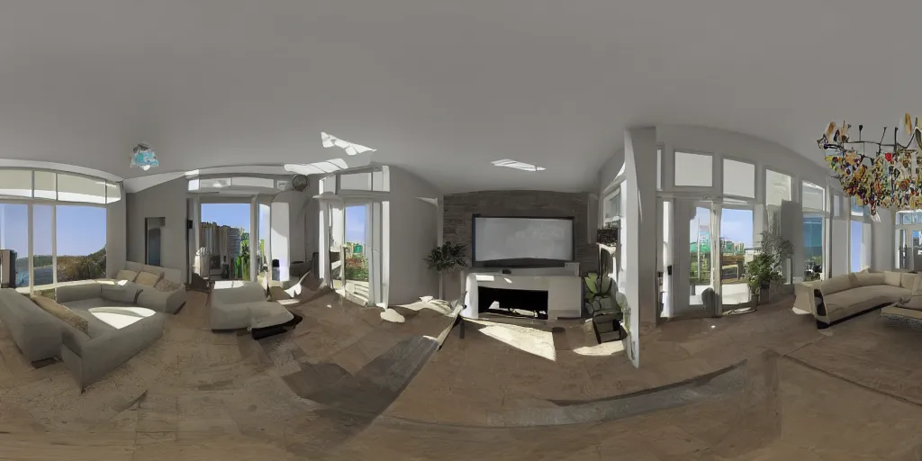 Prompt: equirectangular living room