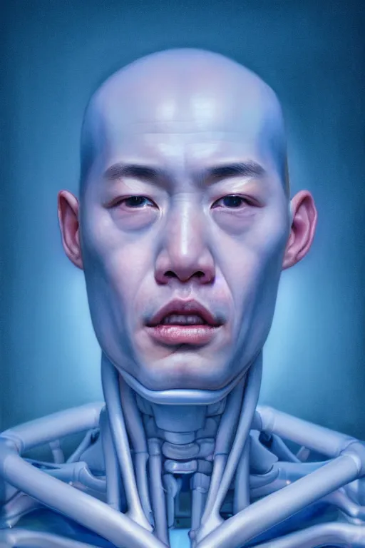 Image similar to hyperrealistic close-up pastel postmodern exoskeleton! chinese man highly detailed concept art eric zener elson peter cinematic hard blue lighting high angle hd 8k sharp shallow depth of field