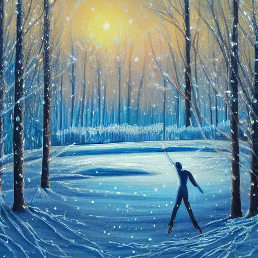 Prompt: ice skater dancing on forest pond in winter landscape detailed 4k magical realism painting