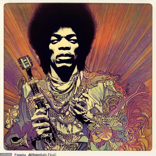 Image similar to polaroid of a vintage record cover by Franklin Booth showing a portrait of Jimi Hendrix as a futuristic space shaman, Alphonse Mucha background, star map, smoke