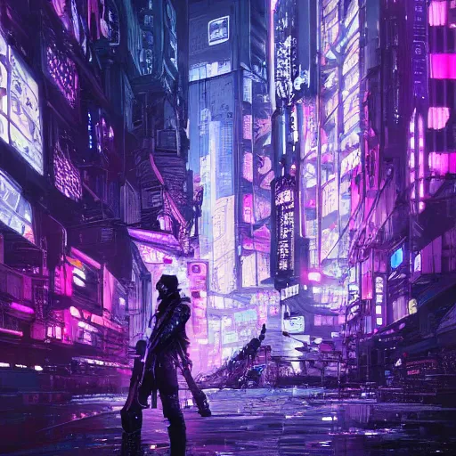 Image similar to high detailed dead android in a cyberpunk rainy city at night by Josan Gonzalez, purple and blue neons, unreal engine, high quality, 4K, UHD, trending on ArtStation, wires, blade runner vibes, ghost in the shell, akira, dorohedoro