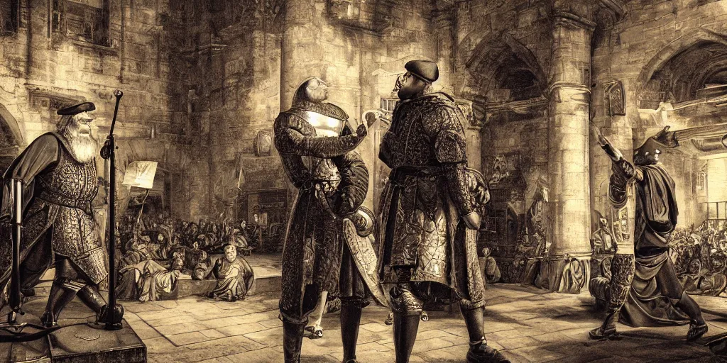 Prompt: rap battle microphone between a modern man and henry viii, grime, realistic 4 k octane beautifully detailed render, 4 k post - processing, highly detailed, intricate complexity, epic composition, magical atmosphere, cinematic lighting, masterpiece, ultra hd