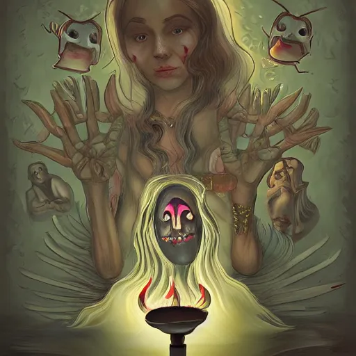 Image similar to A seance, Extremely Highly detailed, Occult, funny, humorous, humor, hilarious, funny, entertaining, magical, trending on artstationHQ