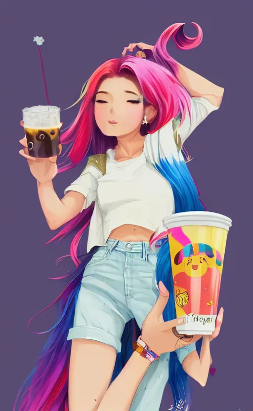 Image similar to a kawaii woman with rainbow hair, happy, summer time, holding boba tea drink, soft eyes and narrow chin, dainty figure, long hair straight down, kawaii shirt and jeans, basic white background, In style of by Jordan Grimmer and greg rutkowski, crisp lines and color