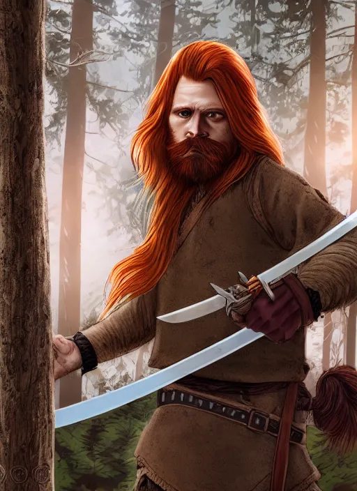 Prompt: 8K, grungy redhead 30-something bearded long haired swordsman holding a short curved sword in a ultradetailed pacific northwest redcedar forest, smooth, sharp focus, illustration. sharp focus, D&D, detailed, intricate, cinematic lighting
