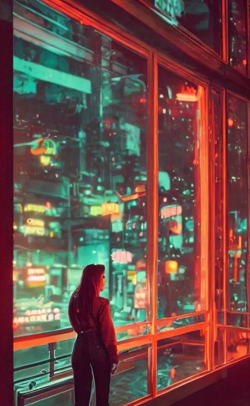 Prompt: vertical movie frame portrait of girl in 5 0's retro restaurant interior, neon - decorated urban on night in the city seen through the window, modern interior design, architectural design, vintage, night blade runner, dark, postapocalyptic, 4 k, octane, asian futuristic city at distance, big windows, octane, wide angle