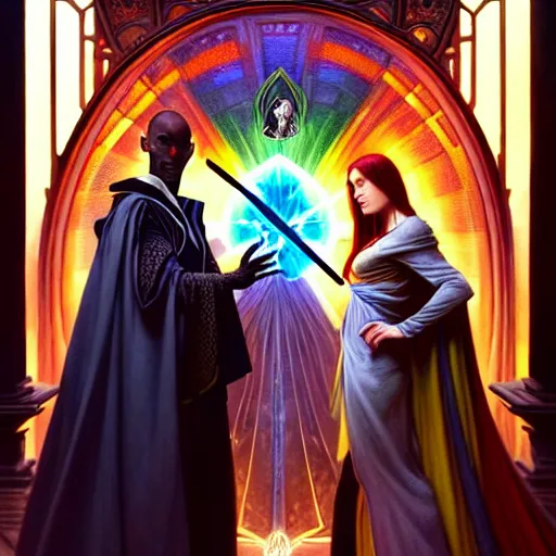 Image similar to painting of powerful stylish sorcerer and a cleric banishing the darkness and its abominations with a rainbow spell, ultra realistic, concept art, intricate details, eerie, highly detailed, photorealistic, octane render, 8 k, unreal engine. art by artgerm and greg rutkowski and magali villeneuve and alphonse mucha