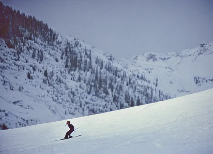 Image similar to a 2 8 mm macro kodachrome photo of one man skiing off a ski jump with snow bursting behind him in the swiss alps in the 1 9 5 0's, seen from a distance, bokeh, canon 5 0 mm, cinematic lighting, film, photography, golden hour, depth of field, award - winning