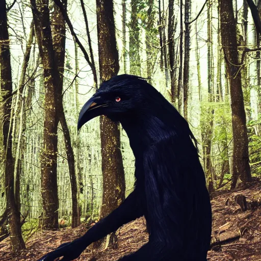 Image similar to werecreature consisting of male human and crow, photograph captured in a forest