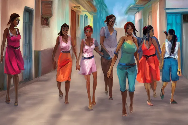 Image similar to concept art, painting of cuban women in havana, digital anime art, good lighting,