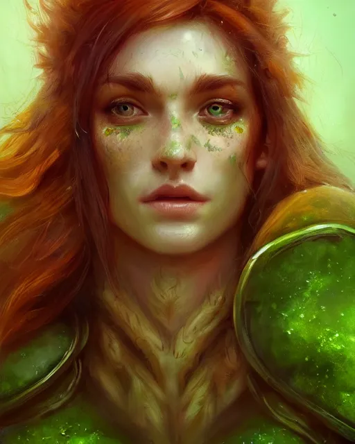 Image similar to female druid, perfect face, thin antlers, green tunic, ginger hair, cinematic, freckles, stunning, muscular, abs, highly detailed, psychedelic, digital painting, artstation, smooth, hard focus, illustration, art by jessica rossier and and brian froud