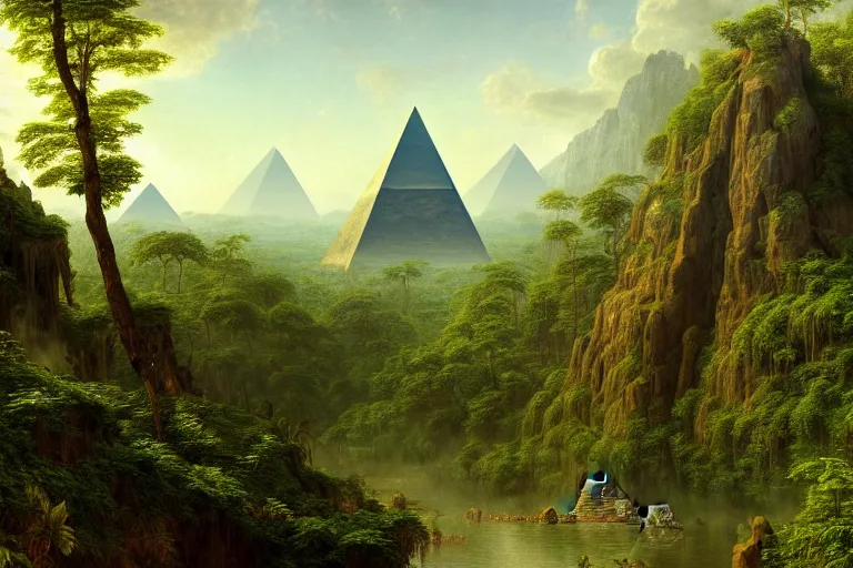 Prompt: a beautiful and highly detailed digital painting of a lost pyramid in the centre of a massive lush mountainous jungle, intricate details, epic scale, hyperdetailed, hyperrealism, artstation, cgsociety, 8 k, sharp focus, by caspar friedrich, albert bierstadt, james gurney,