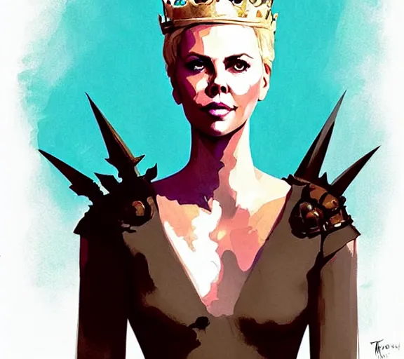 Image similar to portrait of portrait, charlize theron as a queen, fantasy, game of thrones, by atey ghailan, by greg rutkowski, by greg tocchini, by james gilleard, by joe fenton, by kaethe butcher, by ashley wood, dynamic lighting, gradient light blue, brown, blonde cream and white color scheme, grunge aesthetic