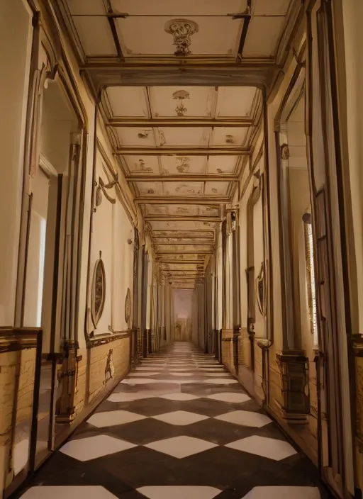 Image similar to a photograph of a symmetrical hallway in the grand budapest hotel, 3 5 mm, film camera, dezeen, architecture