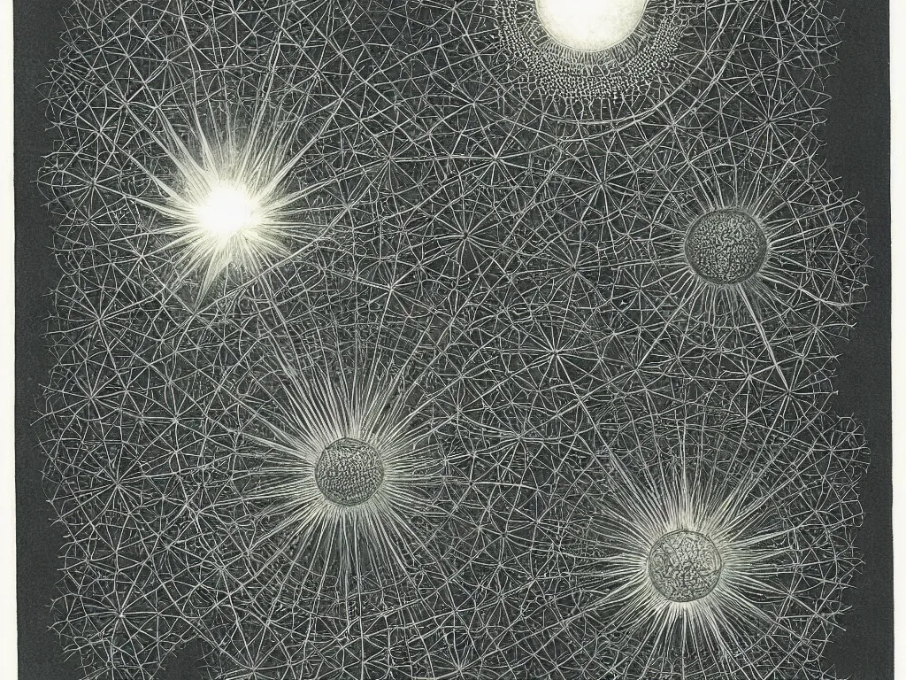 Image similar to The sun rays taking the shape of a radiolarian. Painting by Ernst Haeckel, Roger Dean, Caspar David Friedrich