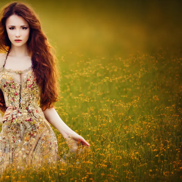 Image similar to portrait photo of a very beautiful!! woman on intricate dress in an endless heavenly meadow, 4 k, hdr, smooth, sharp focus, high resolution, award - winning photo