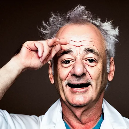 Image similar to !dream the roll of Rick Sanchez will be played by Bill Murray, spikey hair, white lab coat, photography