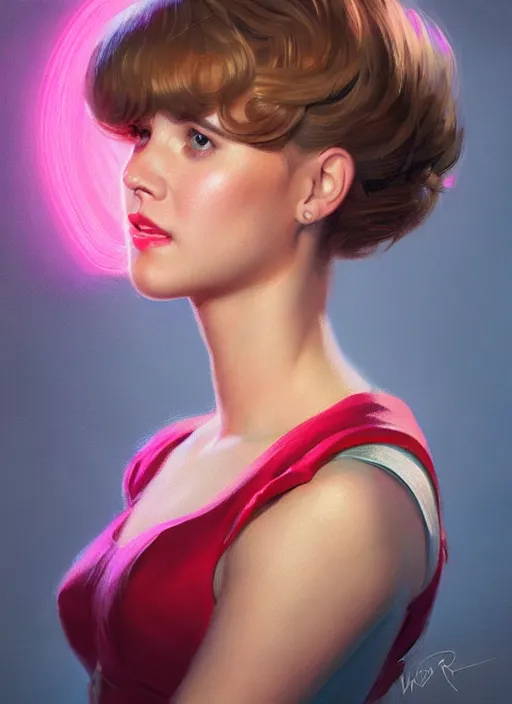 Image similar to portrait of betty cooper with fluffy bangs, bangs, 1 9 6 0 s, ponytail, curly bangs and ponytail, rounder face, intricate, elegant, glowing lights, highly detailed, digital painting, artstation, concept art, smooth, sharp focus, illustration, art by wlop, mars ravelo and greg rutkowski