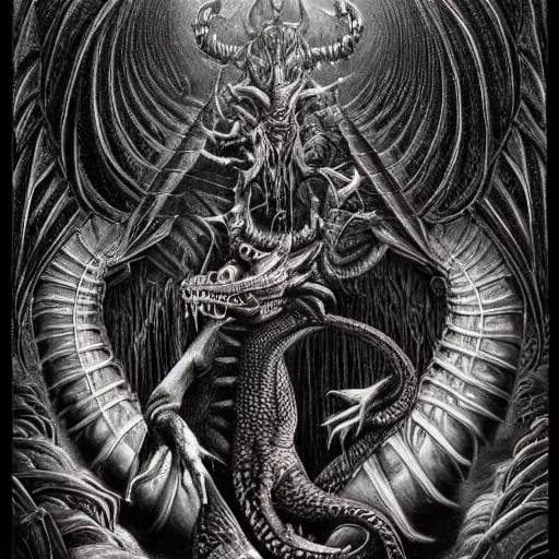 Image similar to a portrait of a dark music dragon, detailed, fantasy, scary, realistic, frightening, ornate, horns, spikes, incredible, masterpiece, amazing, wow!, sense of awe, award winning, greg rutowski, bosch, mc escher, dali