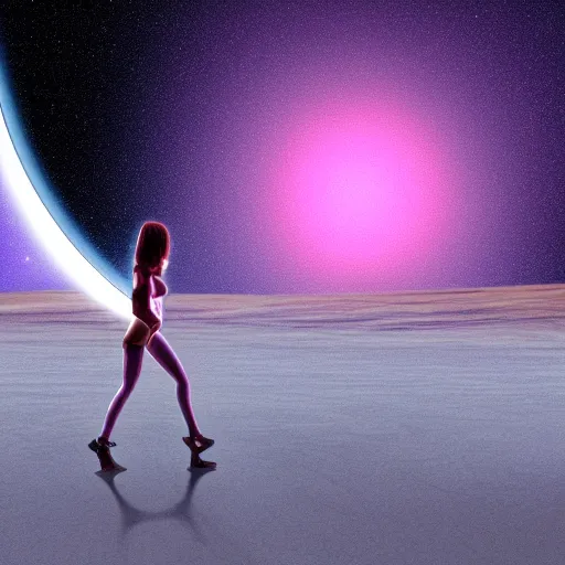 Image similar to A wide angle shot from below of a feminine body walking with swagger towards camera on mars in an infinite universe , synthwave digital art