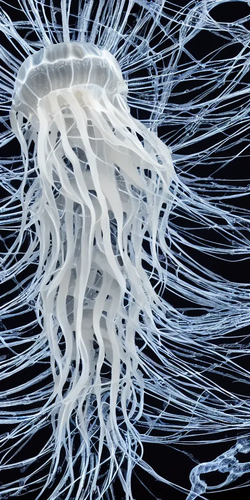 Image similar to a photorealistic render of a neotribal jellyfish, made of melted plastic and marble, c 4 d, by zhelong xu and ernst haeckel, wide angle, hyper realistic, plain black background, 8 k, volumetric lightning, octane render