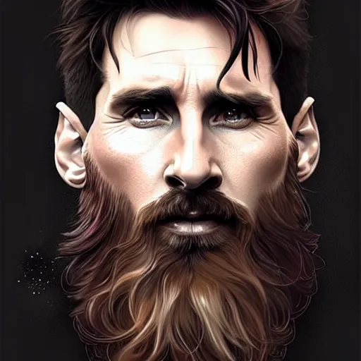 Image similar to Lionel Messi with a majestic beard, closeup, D&D, fantasy, intricate, elegant, highly detailed, digital painting, artstation, concept art, matte, sharp focus, illustration, art by Artgerm and Greg Rutkowski and Alphonse Mucha