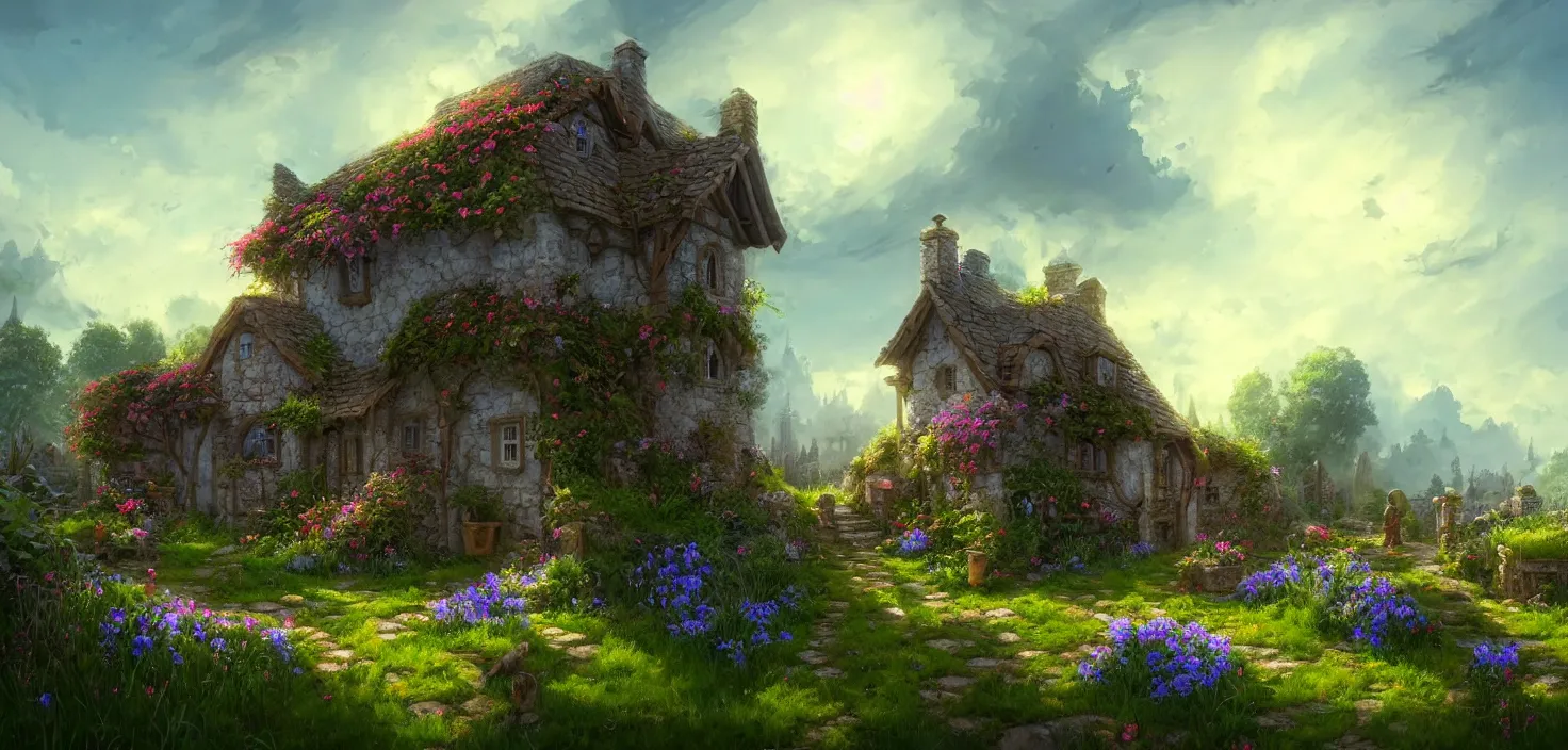 Prompt: an illustration of the small medieval fantasy garden house with many cute flower pots and beautiful blue sky scenery, cinematic view, epic sky, detailed, concept art, low angle, high detail, warm lighting, volumetric, godrays, vivid, beautiful, trending on artstation, by jordan grimmer, huge scene, grass, art greg rutkowski