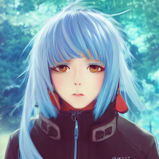 Image similar to profile shot of rimuru tempest averting his gaze, sky blue hair, straight hair, pretty, long bangs, golden eyes, black jacket with white stripes, a high frilly collar | highly detailed, unreal engine 5, digital painting, concept art, cinematic, wlop | artgerm, pixiv, ilya kuvshinov, andy warhol