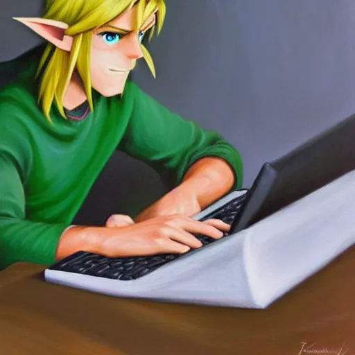 Image similar to link from zelda using computer, painting by by ralph grady james, jean christian biville