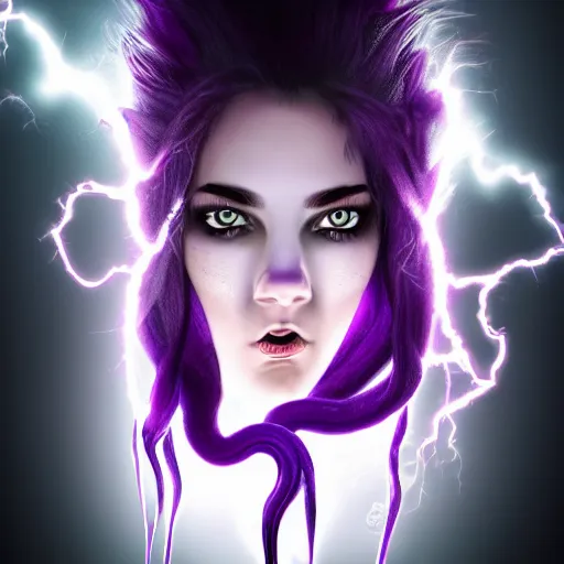 Image similar to detailed photo portrait of a furious teen girl with thin, hair-like purple tentacles on her head and bright purple eyes, 8k, trending on DeviantArt, face enhance,hyper detailed ,full of colour, dramatic lightning