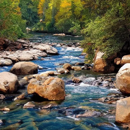 Prompt: a beautiful landscape, river, rocks, trees, polygonal, grid