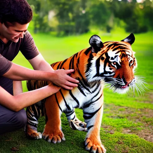 Image similar to petting a friendly tiger, 4k, high detail, high-resolution photograph- professional photography