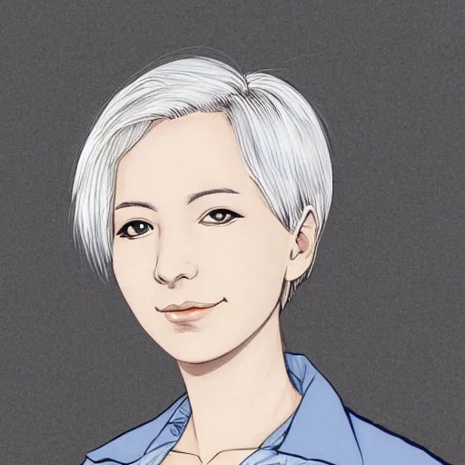 Prompt: portrait of a woman with short white hair, medium shot, illustration, highly detailed, high quality, by hiromu arakawa