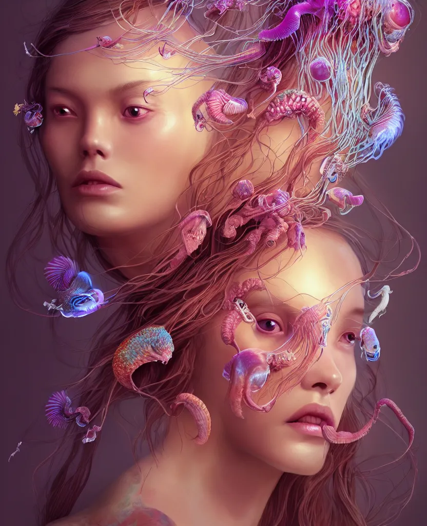 Image similar to goddess princess beautiful woman face close-up portrait ram skull. jellyfish phoenix head, nautilus, orchid, skull, betta fish, bioluminiscent creatures, intricate artwork by Tooth Wu and wlop and beeple. octane render, trending on artstation, greg rutkowski very coherent symmetrical artwork. cinematic, hyper realism, high detail, octane render, 8k