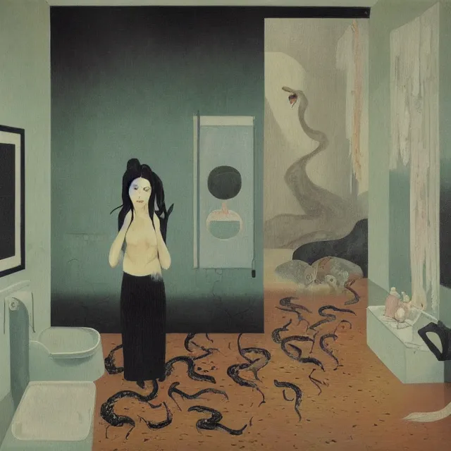 Prompt: tall female emo artist in her flooded bathroom, water gushing from ceiling, painting of flood waters inside an artist's bathroom, a river flooding indoors, pomegranates, pigs, ikebana, water, octopus, river, rapids, waterfall, black swans, canoe, berries, acrylic on canvas, surrealist, by magritte and monet