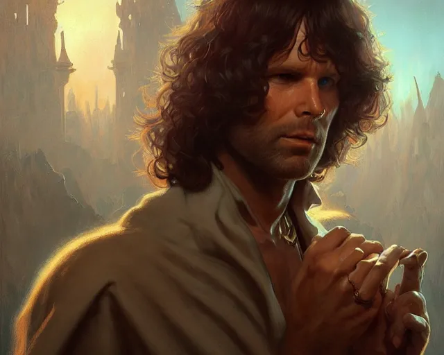 Image similar to jim morrison, 8 k, deep focus, d & d, fantasy, intricate, elegant, highly detailed, digital painting, artstation, concept art, matte, sharp focus, illustration, hearthstone, art by artgerm and greg rutkowski and alphonse mucha