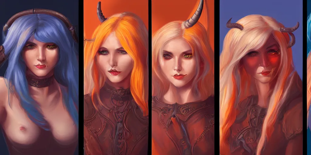 Image similar to triptych of youthful female feminine horned tiefling female bard with long bob cut blue hairstyle, her skin is tangerine, she has immaculate skin and pure black eyes and is wearing colorful leather armor by rossdraws,