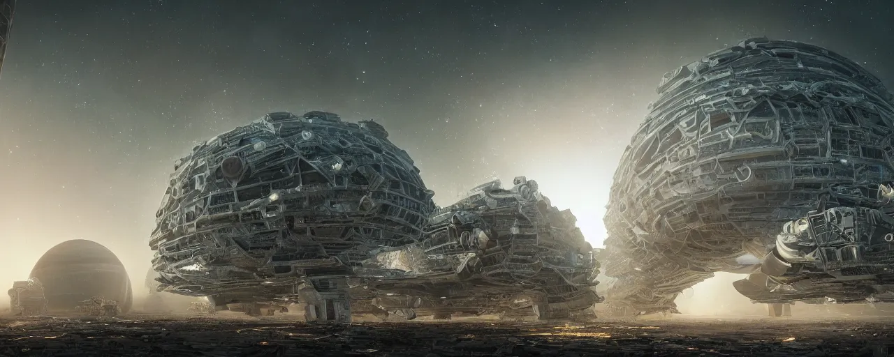 Image similar to movie still, intricate derelict hive megastructures, thin horizontal nebula, a dark epic galaxy, space scene, dark scifi, unreal engine, octane render, detailed and intricate, global illumination, volumetric lighting, hubble telescope images, james webb telescope images, houdini fluid simulation, detailed and intricate environment