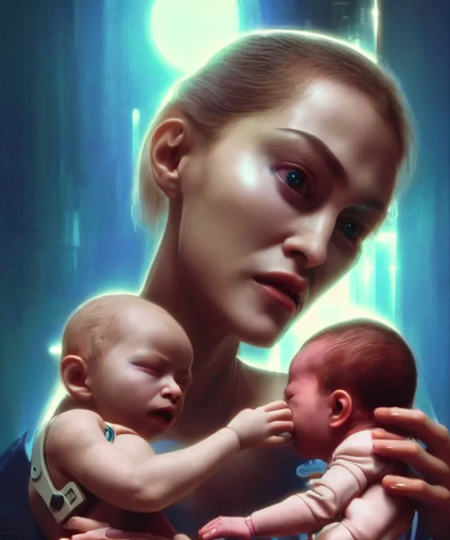 Image similar to realistic detailed photo of futuristic cyborg-madonna holding a newborn baby child in hands by Raphael Santi , artwork by Tooth Wu and wlop and beeple, greg rutkowski. still from a 2021 movie by Terrence Malick, Tarkovsky, Gaspar Noe, James Cameron,