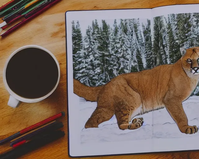 Prompt: unfinished colouring book showing 'a cougar sleeping in the middle of snowy pine tree' laying on coffee table, zoomed out shot, HD, iphone capture