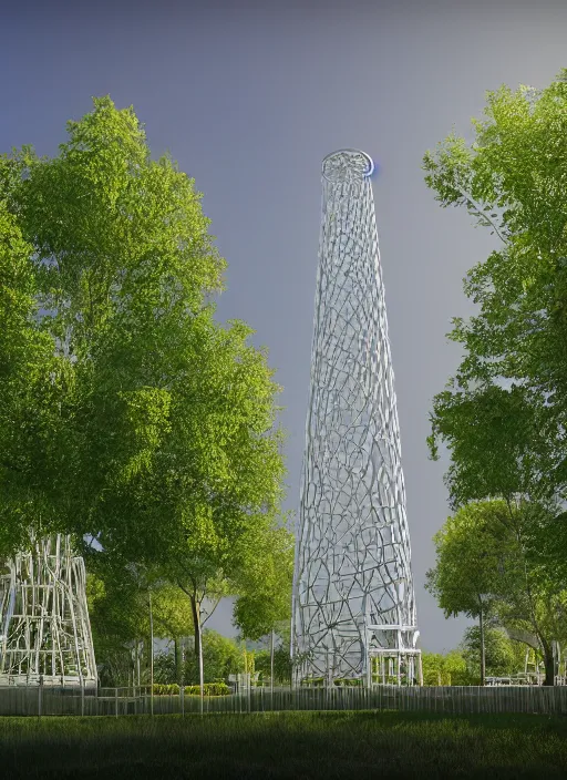Image similar to highly detailed realistic architecture 3 d render of a stele shukhov tower standing in a city park, archdaily, made in unreal engine 4 octane render