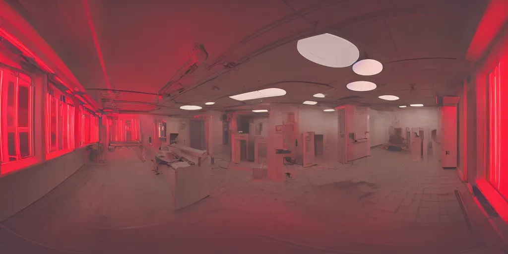 Image similar to noisy color photograph of a retrofuturist liminal space, laboratory, red lights, minimalist, cinematic, fish eye lens, soft vintage glow