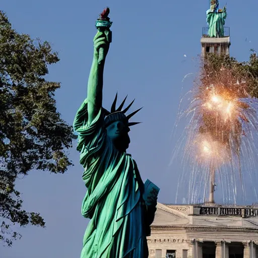 Prompt: liberty statue explode into pieces