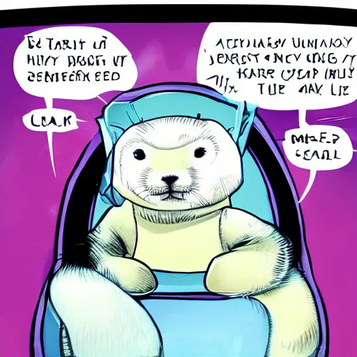 Prompt: portrait of a smug baby harp seal riding in the back of a limo, medium shot, highly coherent, saga comic, fiona staples